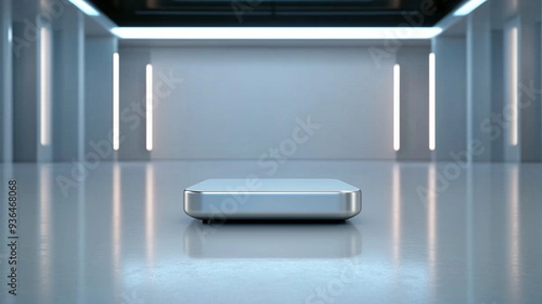 Fototapeta Mockup metallic silver podium for product presentation with high-tech control room glowing LED screens