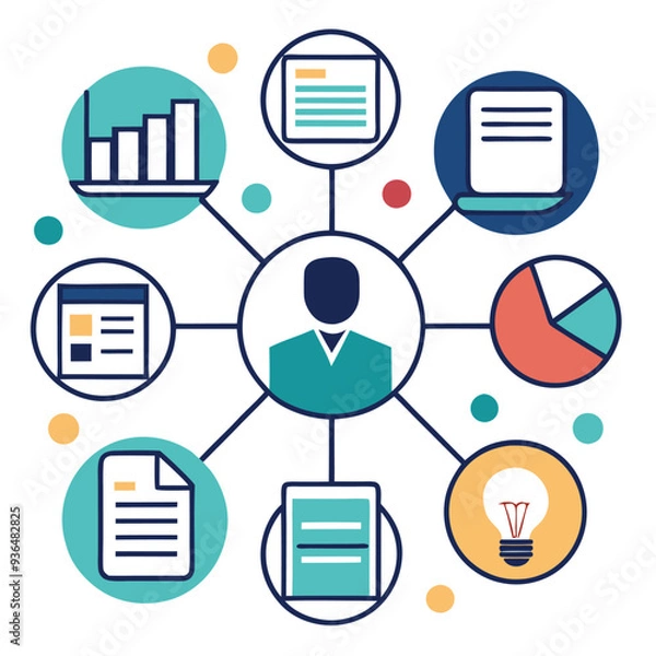 Obraz High-Quality Simple Icon of Human Character with Data, Charts, and Documents in Office Setting with Innovation Symbol in Dark Green on White Background
