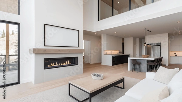 Fototapeta Frame mock up above linear fireplace | Open-concept modern home interior with minimalist decor | Large windows, light wood accents, and sleek kitchen design