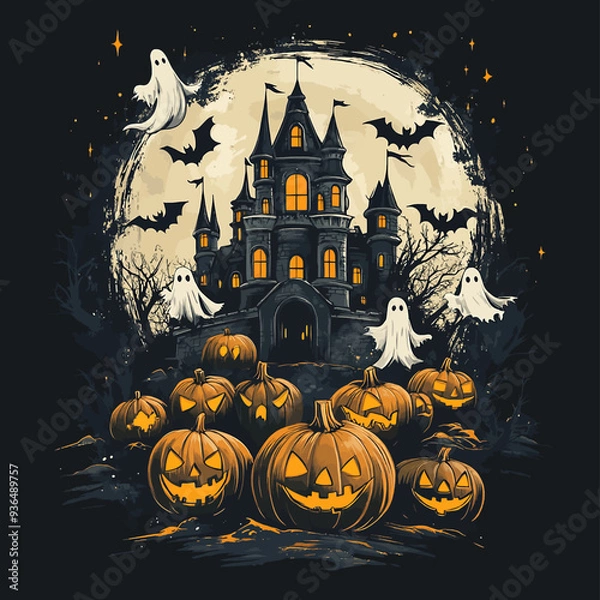 Fototapeta Vector haunted castle with glowing pumpkins and ghostly figures during Halloween night.  Creepy bats, pumpkins, and moon.