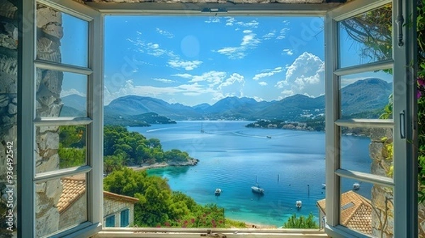 Fototapeta  A serene view from a wooden-framed window, overlooking a tranquil lake surrounded by lush green trees. 