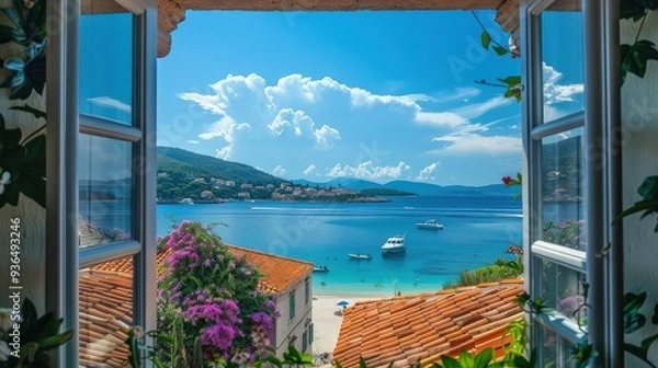 Fototapeta  A cozy window view framing a crystal-clear lake, with the setting sun casting warm, golden hues over the calm waters.