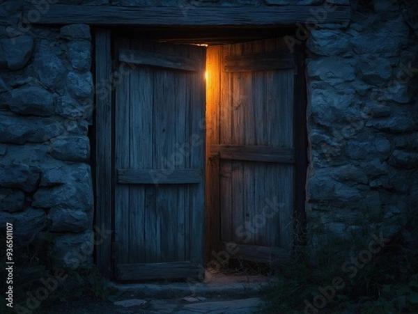 Obraz An old wooden door with a glowing light shining through a crack in the door set in a stone wall at night.