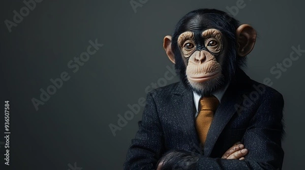 Obraz Chimpanzee Dressed in Business Suit on Plain Background