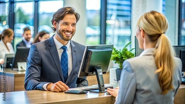 Fototapeta Friendly bank representative smiles while assisting customer at modern banking counter, surrounded by computer screens and financial documents in a busy financial institution.