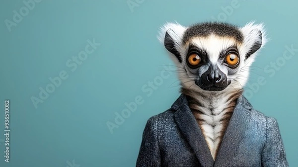 Obraz Lemur in Business Suit Holding Elegant Pose on Plain Background