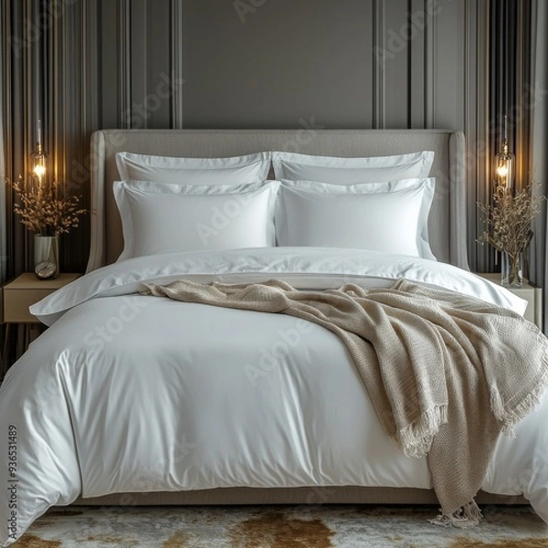 Fototapeta Classic bed with pillow and throw created with generated ai