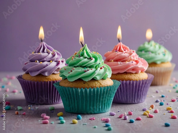 Fototapeta A cute illustration of an array of cupcakes, each decorated with colorful frosting, sprinkles