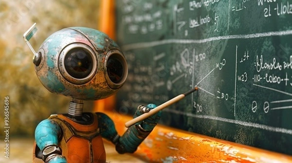 Fototapeta Cute robot is writing  on a blackboard