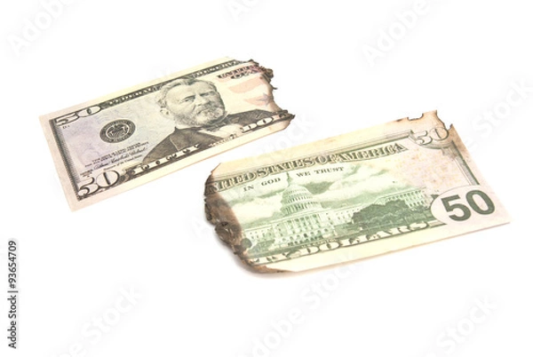 Obraz burnt dollars banknotes on white