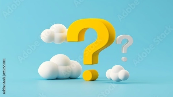 Fototapeta 3D rendering of a Large Yellow Question Mark with Small White Question Marks and Clouds Around it.