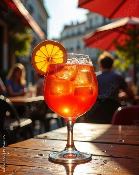 Fototapeta A chilled Aperol Spritz with an orange slice garnish sits on a sunlit café table, surrounded by colorful umbrellas, capturing the essence of a relaxing afternoon.