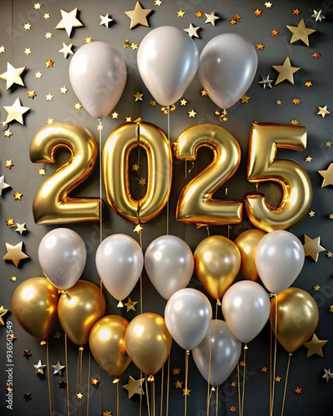 Fototapeta  balloons form the number 2025, set against a backdrop decorated with scattering golden stars