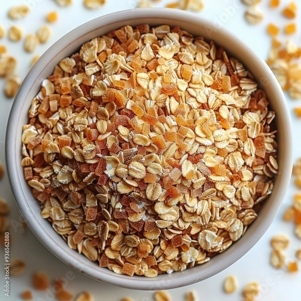 Fototapeta Steel-cut oats on solid white background, single serving, high quality studio lighting