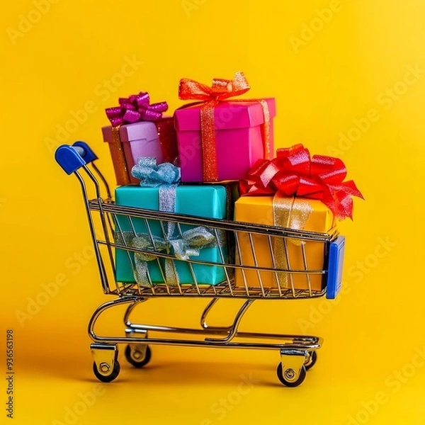 Fototapeta Loaded shopping trolley carrying presents, Gift boxes with colorful bows in a supermarket trolley