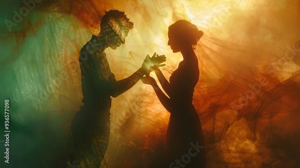 Obraz Enigmatic Silhouette Art of Couple Holding Hands in Mystical world