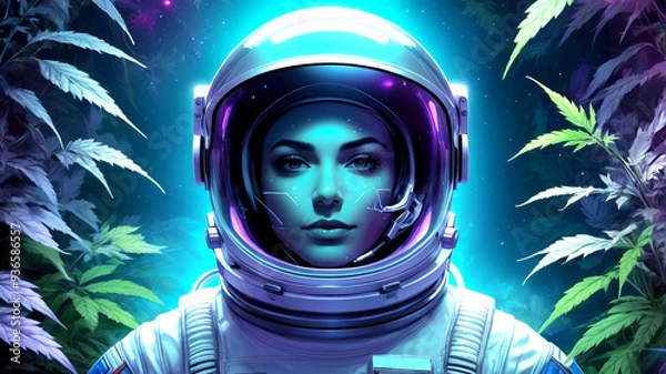 Fototapeta A breathtaking, high-contrast, cinematic portrait of an astronaut clad in a polarized visor, surrounded by a lush, vibrant, and thriving cannabis forest, with neon hues of electric blue, green, and pu