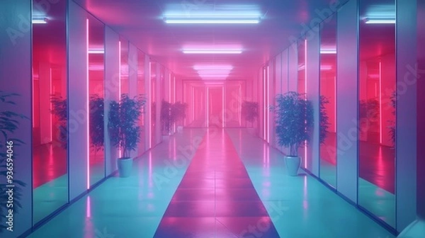 Fototapeta Futuristic hallway with neon lighting and potted plants in a modern building