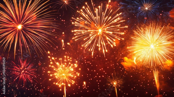 Obraz Colorful fireworks exploding in the night sky during a celebration in a vibrant display of light and color