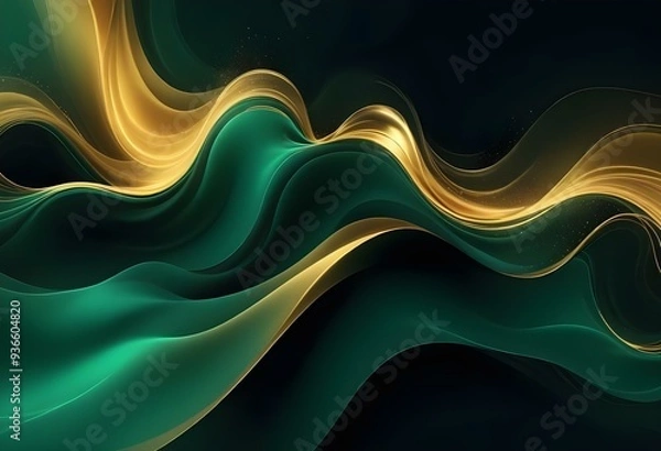Fototapeta Flowing green and black abstract background with soft, wavy shapes and subtle sparkles