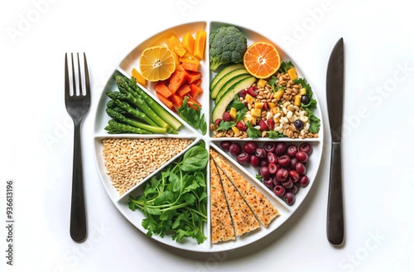 Fototapeta Plate divided into sections each filled with a variety of healthy foods representing a balanced diet