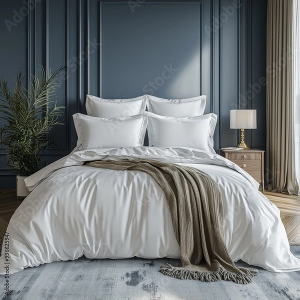 Fototapeta Classic bed with pillow and throw created with generated ai