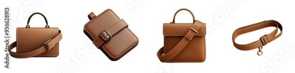 Obraz Collection of stylish brown leather bags, showcasing different designs and functions for everyday use.