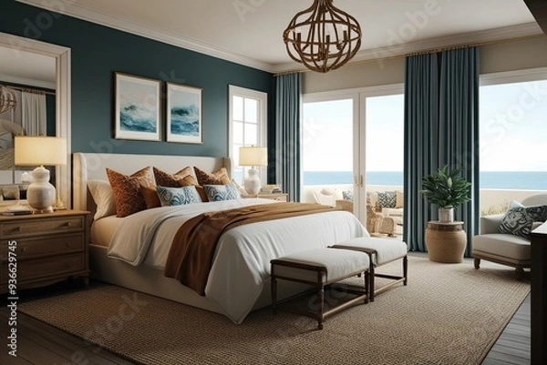 Fototapeta Coastal Bedroom Interior: 3D Render of a Cozy Space with Elegant D�cor and Warm Touches