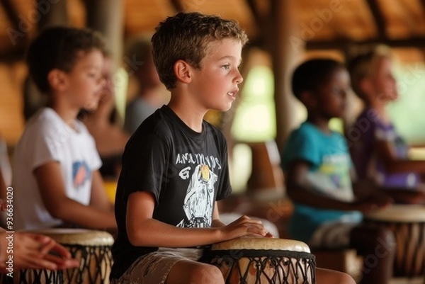 Obraz Young boy plays djembe with friends inside a vibrant music studio during a summer workshop session