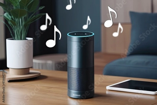 Fototapeta 3D Visualization of Voice Assistant Device with Floating Music Notes for Smart Home Automation and Connectivity