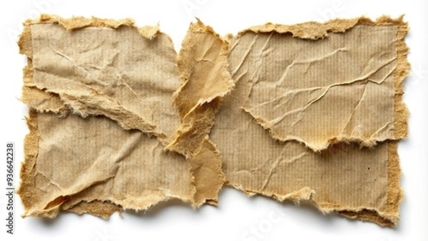 Fototapeta Rough, frayed, and irregularly shaped torn paper edges with ripped fibers, creases, and uneven surfaces, conveying a sense of distress, fragmentation, and decay.