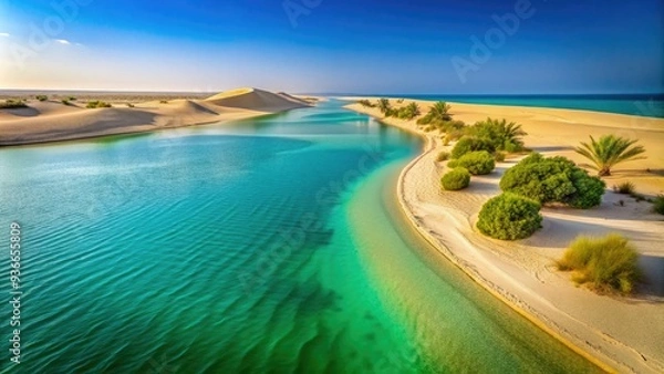 Obraz Sandy dunes meet turquoise waters at the tranquil Umm Al Quwain coastline, a serene and isolated spot for relaxation in the United Arab Emirates.