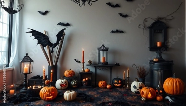 Obraz A spooky Halloween interior scene with jack-o-lanterns, bats, candles, and a black and white rug.
