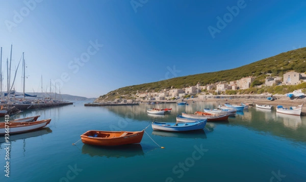 Fototapeta A small town on a rocky cliff overlooks a calm bay with several boats anchored in the water
