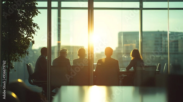 Fototapeta Business Team Meeting in Modern Office with Sunset View, Collaborative Work, and Professional Interaction, Highlighting Workplace Productivity and Teamwork Dynamics