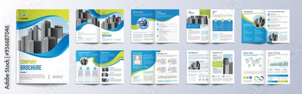 Fototapeta Multipage company profile business brochure design layout, Corporate brochure editable template with cover page, minimalist A4 16 pages brochure design with modern concept
