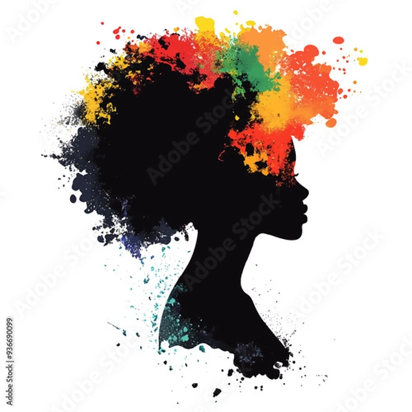 Fototapeta Vector woman silhouette with colorful splashes hair. Expressive symbol of creativity and individuality.