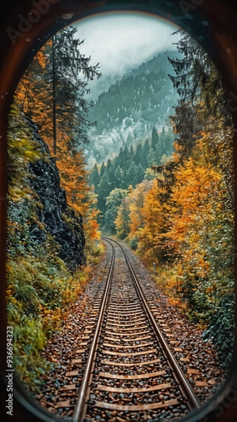 Fototapeta Through the Window: Autumn Journey to the Mountains. Generative AI
