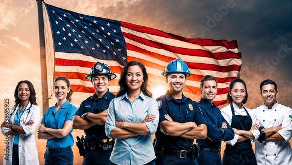 Obraz Emotional portrait of diverse professionals and American flag waving in the background. Pride and dedication of the American workforce, celebrating the diversity and unity across various professions