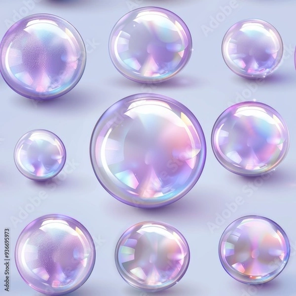Fototapeta Visually appealing 3D composition featuring glossy spheres with iridescent effect in rainbow hues, isolated on lavender background. Ideal for various creative projects and design purposes.