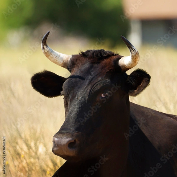 Obraz A really funny expression on a steer.  A close up portrait shows every detail of the steer.  A square presentation of a livestock steer.