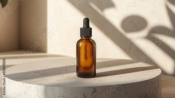 Fototapeta A sleek beauty serum bottle mockup placed elegantly on a clean beige wooden table