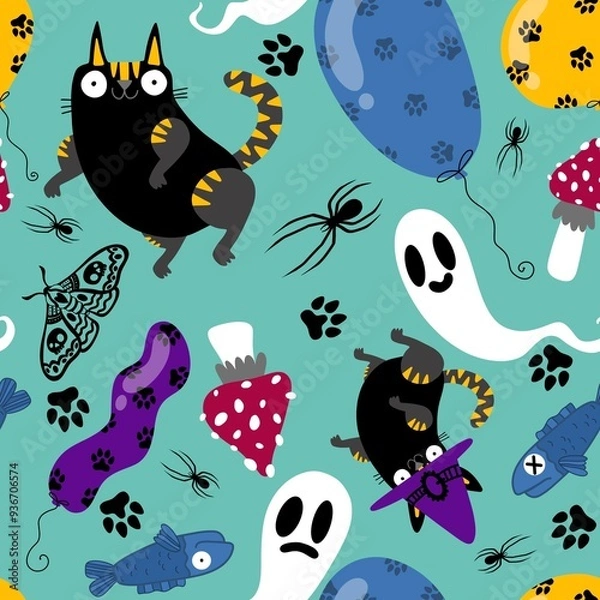 Fototapeta Halloween animals seamless cats and pumpkins pattern for wrapping paper