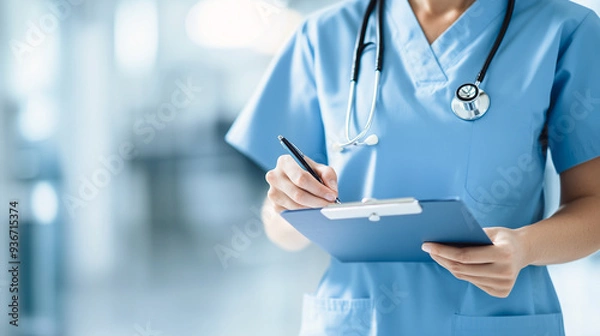 Fototapeta Focused nurse recording medical data on a clipboard in a hospital setting, exemplifying attention to detail and dedication to patient care.