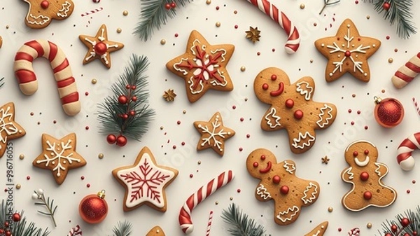 Obraz A repeating pattern featuring colorful gingerbread cookies in various shapes like stars, trees, and snowflakes, interspersed with candy canes and festive sprinkles on a light background