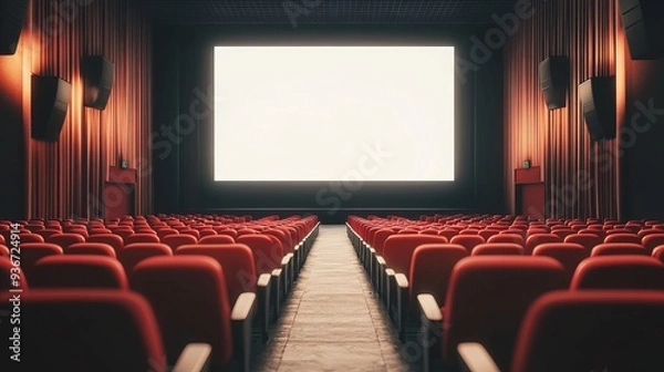 Obraz A cinema hall with a white blank screen, featuring rows of red cinema chairs. The theater is empty, presented in a flat style cartoon design with a minimalist, realistic render.