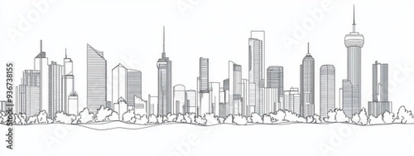 Fototapeta Building city line one continuous outline single art sketch skyline. City illustration building line silhouette house doodle apartment construction cityscape urban architecture hand background linear.