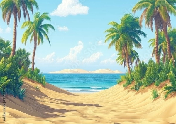 Fototapeta Serene Tropical Beach Path with Golden Sand, Lush Palm Trees and Crystal Clear Blue Ocean Waves Under a Bright Blue Sky with White Clouds