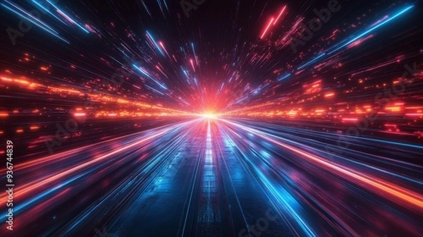 Fototapeta Futuristic light speed effect with neon streaks - generative ai