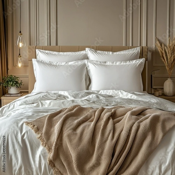 Fototapeta Classic bed with pillow and throw created with generated ai